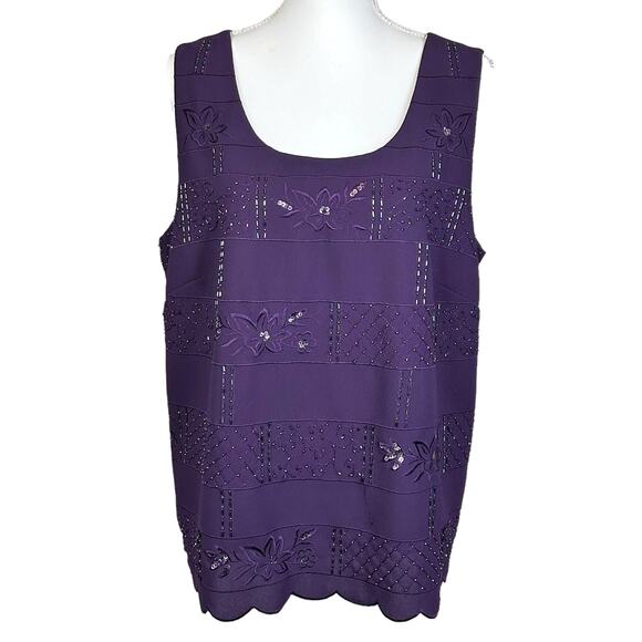 R&M Richards Top Women Size 18 Tall Purple Beaded Embroidered Lined Event Tank - Picture 1 of 12